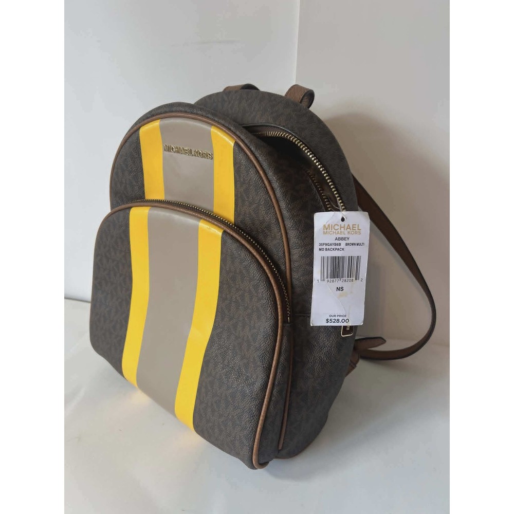 Michael Kors Abbey Medium Backpack Brown Multi‎ Logo Yellow Stripe NEW
